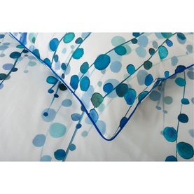 The Lyndon Company Pearls Duvet Set Multi, white cotton bedding with blue and teal watercolour circle print and blue piped edging