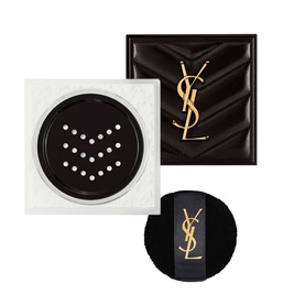 YSL All Hours Hyper Blur Loose Powder in white compact with perforated sifter lid, shown with black quilted YSL branded case