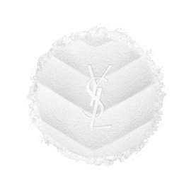YSL All Hours Hyper Blur Loose Powder, white pressed powder compact with embossed YSL logo and chevron texture detail