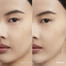 Before and after split showing YSL All Hours Hyper Blur Loose Powder in Shade 01, demonstrating a smoothing, blurring effect on skin