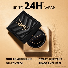 YSL All Hours Hyper Blur Loose Powder in open black quilted compact, showing loose powder with applicator holes, 24H wear claim