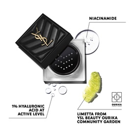 YSL All Hours Hyper Blur Loose Powder compact open, showing mesh sieve, with ingredient callouts: Niacinamide, Hyaluronic Acid, Limetta