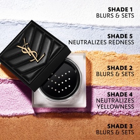 YSL All Hours Hyper Blur Loose Powder in black compact with five shade swatches showing Shades 1&ndash;5 for blurring, redness and yellowness correction.