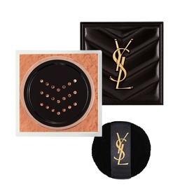 YSL All Hours Hyper Blur Loose Powder open compact showing peachy powder, with quilted black YSL logo case and close-up detail