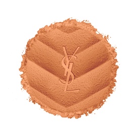 YSL All Hours Hyper Blur Loose Powder shown as a pressed powder circle with chevron YSL logo embossed in warm tan shade