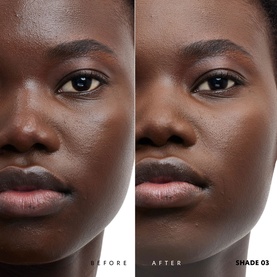 Model with YSL All Hours Hyper Blur Loose Powder before and after application, Shade 03, shown on deep skin tone