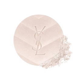 YSL All Hours Hyper Luminize highlighter compact in pale ivory, shown open with loose powder beside it