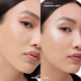 Model with YSL All Hours Hyper Luminize in Shade 01 Libertine Light, before and after side-by-side comparison showing luminous skin finish