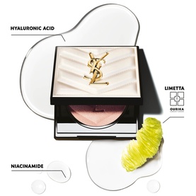 YSL All Hours Hyper Luminize highlighter compact with gold YSL logo, shown with ingredient swatches including hyaluronic acid and niacinamide