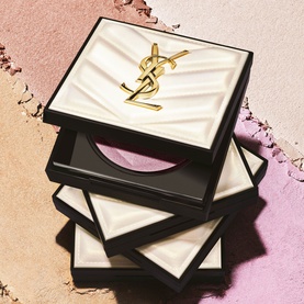 YSL All Hours Hyper Luminize highlighter compact in ivory quilted case with gold YSL logo, stacked in trio, pink powder shown