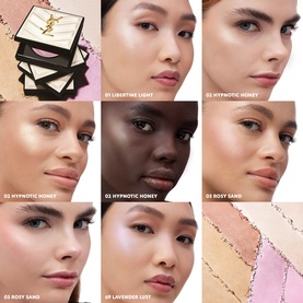 YSL All Hours Hyper Luminize highlighter palette with six model close-ups showing shades: Libertine Light, Hypnotic Honey, Rosy Sand, and Lavender