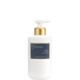 Maison Francis Kurkdjian OUD Satin Mood Scented Body Lotion in white pump bottle with gold cap, 500ml