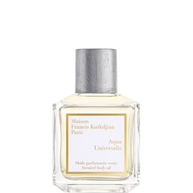 Maison Francis Kurkdjian Aqua Universalis Scented Body Oil in clear glass bottle with silver cap and gold label