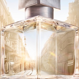Maison Francis Kurkdjian Petit Matin Eau de Parfum 200ml, clear glass bottle with silver cap, Parisian street reflected in bottle