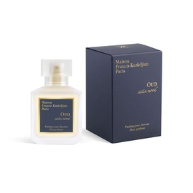 Maison Francis Kurkdjian OUD Satin Mood Scented Hair Mist bottle beside navy blue branded box packaging.
