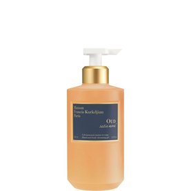 Maison Francis Kurkdjian OUD Satin Mood Hand and Body Cleansing Gel, amber liquid in pump bottle with gold cap