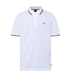 Boss Black Casual Parlay 190 Logo Polo Shirt in white with navy tipped collar and cuffs, short sleeves, and chest logo detail
