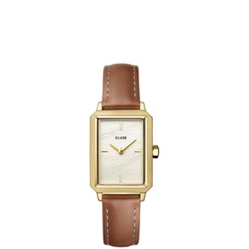 Cluse Fluette Watch CW11515 in brown leather strap with gold-tone rectangular case and white sand-textured dial