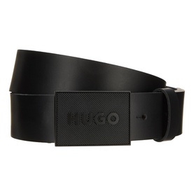 Hugo Gethon Logo Belt in black buffalo leather with matte black square logo-embossed buckle and smooth finish.