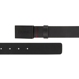 Hugo Gethon Logo Belt in black buffalo leather with matte black logo buckle, red stitching detail, and smooth finish.