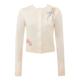House of CB Anjou Knitted Cardigan in cream with pink and blue floral embroidery, button-down front, scallop edges, and ribbed trims.