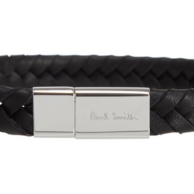 Paul Smith Access Braided Leather Bracelet in black, woven design with silver-tone logo-engraved clasp closure