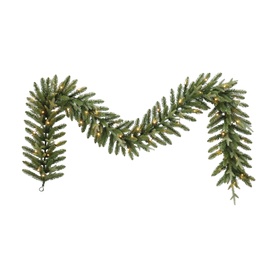 Puleo Arcadia Pre-lit LED Garland 9ft, lush green PE/PVC pine branches with warm white LED lights, elegant draping form