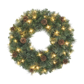 Puleo Pre-lit LED Cashmere Pinecone Christmas Wreath with warm white LEDs, realistic green PVC needles and natural pinecone accents