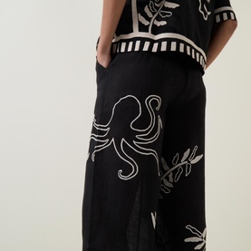 Sea Life Embroidered Linen Trousers