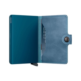Secrid Vintage Leather Mini Wallet in teal, open showing aluminium card case, fold-over button closure and dark hardware detail