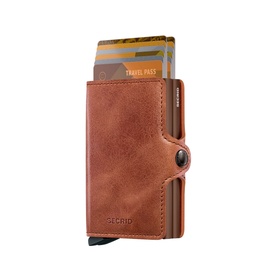 Secrid Vintage Leather Twin Wallet in brown with card fan displayed, button fastening, and embossed logo detail