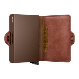 Secrid Vintage Leather Twin Wallet in brown, open showing dual aluminium Cardprotectors and leather interior with button fastening