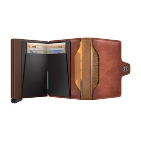 Secrid Vintage Leather Twin Wallet in brown, open showing dual aluminium card slots, cash pocket, and button fastening