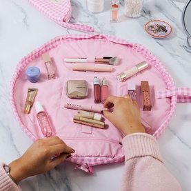 Parachute Drawstring Flat Lay Makeup Bag - Pink Gingham