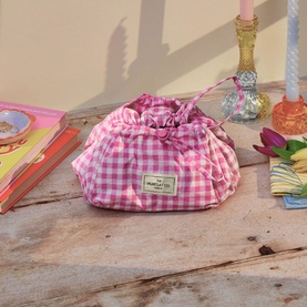 Parachute Drawstring Flat Lay Makeup Bag - Pink Gingham