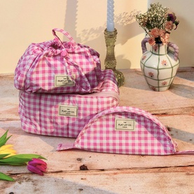 Parachute Drawstring Flat Lay Makeup Bag - Pink Gingham