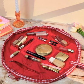 Parachute Drawstring Flat Lay Makeup Bag - Red Gingham