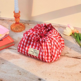 Parachute Drawstring Flat Lay Makeup Bag - Red Gingham