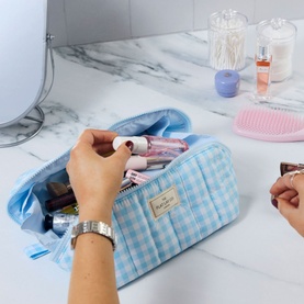 Marshmallow Flat Lay Makeup Box Bag - Baby Blue Gingham