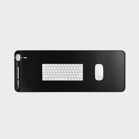 Orbitkey Desk Mat Slim in black faux leather with keyboard, mouse and stylus, featuring magnetic cable holder and quick access toolbar