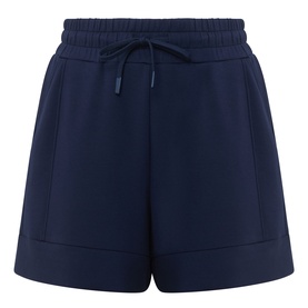 Varley navy shorts with elasticated drawstring waistband, side pockets, and cuffed hem in a relaxed fit