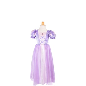 Great Pretenders Once Upon a Tower Princess Dress in purple, velvet top, puffed sleeves, corset-style chest, gem detail, full tulle skirt