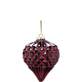 Festive Productions Glitter Diamond Glass Tree Decoration in burgundy, teardrop shape with mini diamond pattern and red glitter detail