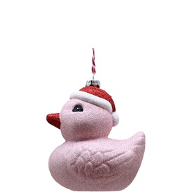 Festive Productions Glitter Duck With Santa Hat Tree Decoration in pink glitter glass with red Santa hat and candy cane hanging loop