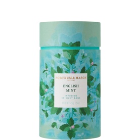 Fortnum & Mason English Mint Infusion 30 Silky Bags in mint-green floral cylindrical canister, 45g