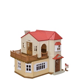Sylvanian Families Red Roof Country Home: Secret Attic Playroom, three-storey beige dollhouse with red roof, balcony, bay window, and post box