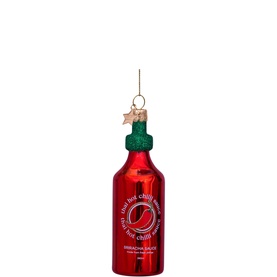 Vondels Sriracha Chilli Sauce Glass Tree Decoration, red shiny glass bottle ornament with green glitter cap and hanging loop