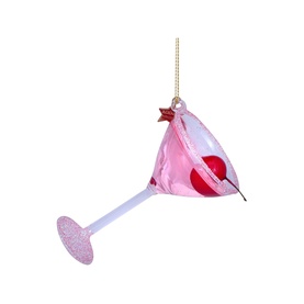 Vondels Cosmopolitan Cocktail Glass Tree Decoration in pink, glass ornament with glitter stem, red star detail and gold hanging thread