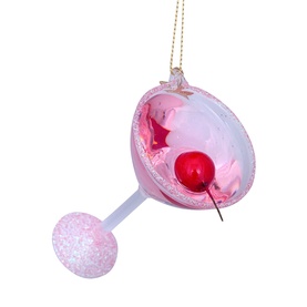 Vondels Cosmopolitan Cocktail Glass Tree Decoration in pink glass with glitter stem, cherry detail, and gold hanging thread