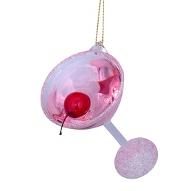 Vondels Cosmopolitan Cocktail Glass Tree Decoration in pink glass with glitter embellishments and red cherry detail, hanging loop